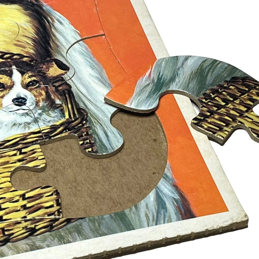 Vintage 1973 Whitman Cardboard Frame-Tray Puzzle Lassie with Basket of Puppies
